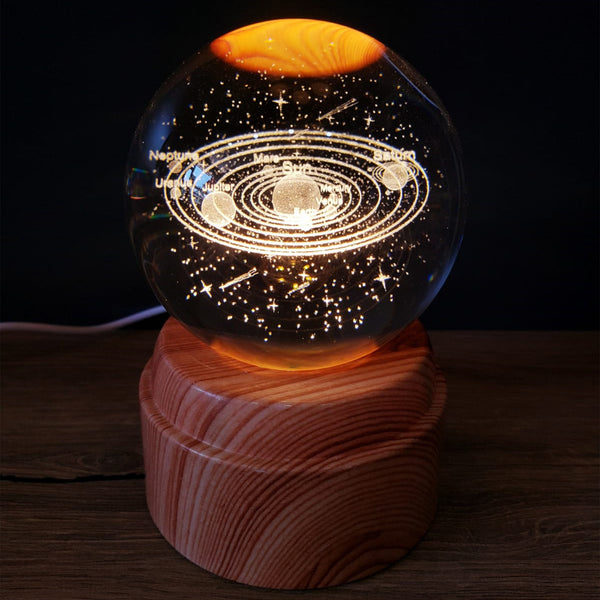 Güneş Sistemi Temalı  3D  Dönen Kristal Küre Gece Lambası