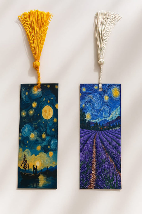 YLDZ Van Gogh Yıldızlı Gece ve Lavanta Tarlası Temalı Sert, İkili Püsküllü Kitap Ayracı