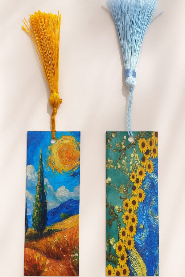 YLDZ Van Gogh Sarı Buğday Tarlası & Badem Ağacı ile Ayçiçekler Temalı Sert İkili Püsküllü Ayraç