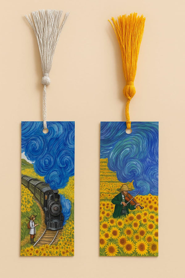 YLDZ Van Gogh Ayçiçekli Tren & Ayçiçek Tarlası Temalı İkili Sert Püsküllü Ayraç